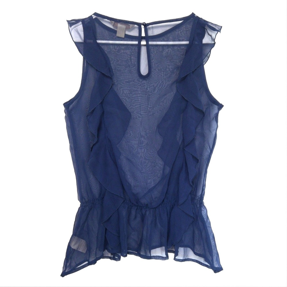 Vtg‎ Johnathan Martin Peplum Sheer Overlay Vertical Ruffle Navy Top Womens L Y2k